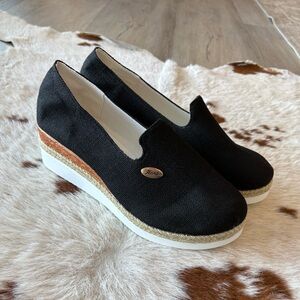 Black Platform Slip-On Wedges with Metallic Trim - Women's